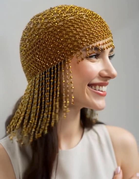 GOLD Beads Cap Handmade Beaded Cleopatra-inspired Headpiece  display picture 1