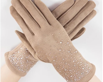 Camel Quiet Luxe Rhinestone Faux Suede Gloves – Elegant, Soft, Touchscreen Winter Gloves