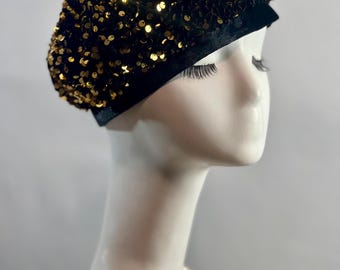 Vintage 1970s Gold Beret Glittery Sequin Beaded Tam Cap Hat  display picture 2