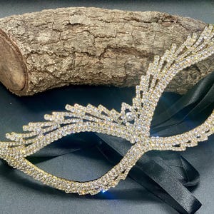 Gold Crystal Masquerade Mask – Sparkling Bling Eye Mask with Ribbon Tie