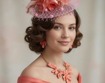 Coral-pink Handmade Fascinator: Elegant Wedding Headpiece