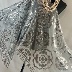 Sparkle SILVER Exquisite Roses Decor Sequin Scarf – Floral Sequin Embroidery Shawl with Tassel Details