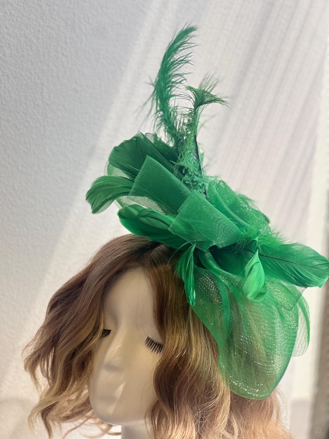 Green Fascinator with Feather Accent Elegant Fall Winter Statement Hat Headwear Green and Yellow Derby Fascinator Hat - Dark Green Wedding  main image 3