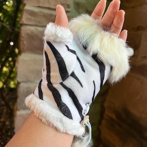 Zebra Print Fingerless Gloves: Faux Fur Cuffs, Suede Winter Accessories