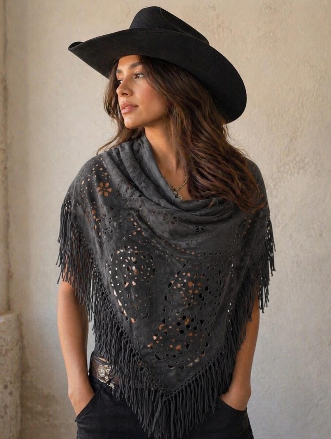 Gray Faux Leather Suede Fringe Shawl: Laser Cut Paisley Western