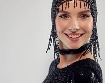 BLACK Beads Cap Handmade Beaded Cleopatra-inspired Headpiece  display picture 1
