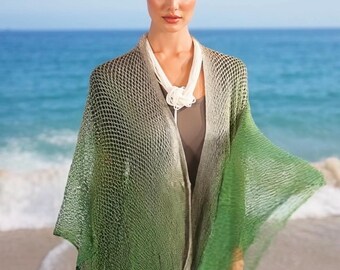 GREEN Ombre Color Mesh Kimono Shimmer Striped Sheer Shawl | Lightweight Statement Wrap Kimono