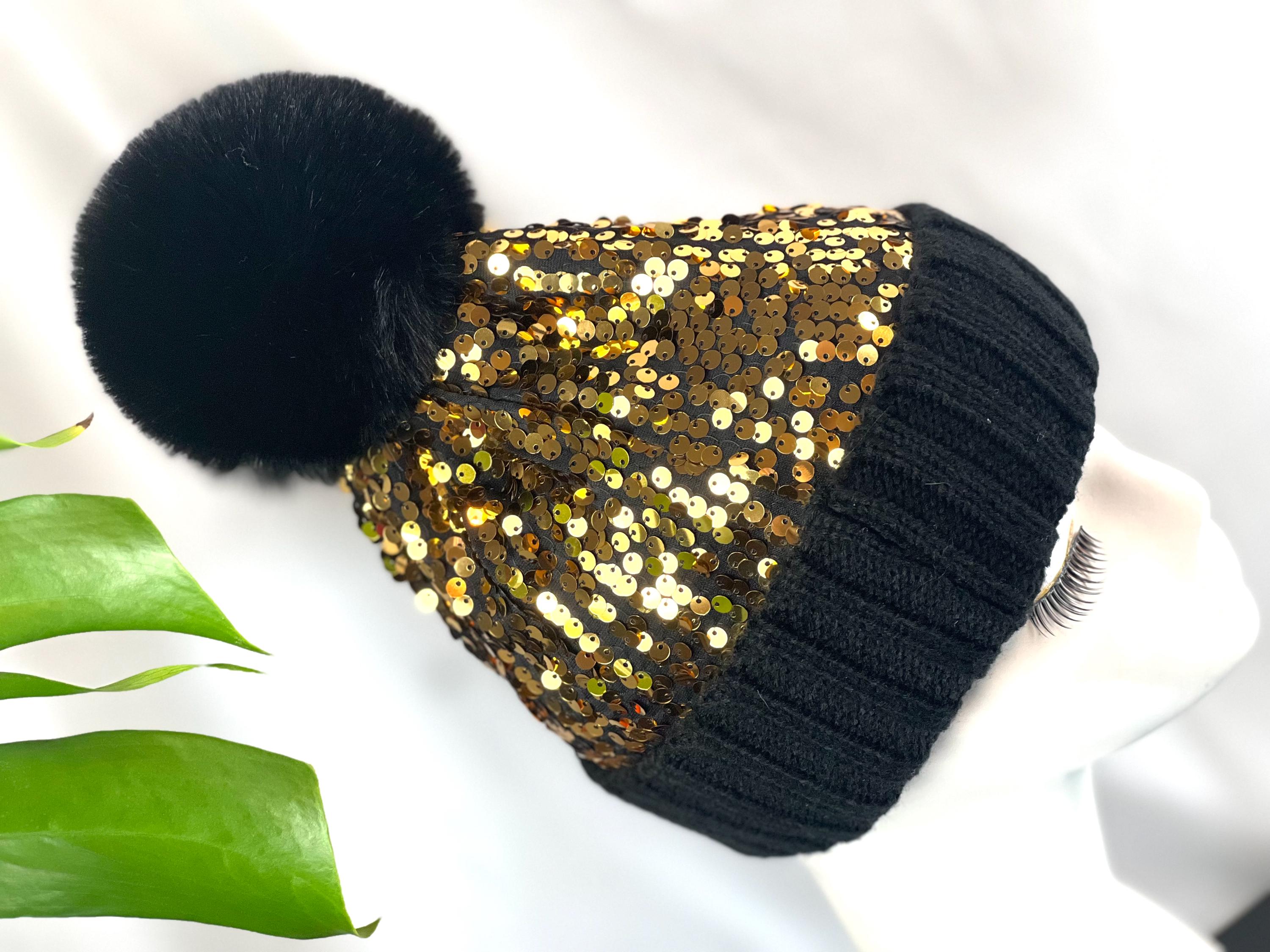 Elegant Black Metallic Knit Faux Fur Pom Hat Madeline Sparkly Knit Beanie Hat with Finn Raccoon Pom Pom  main image 2
