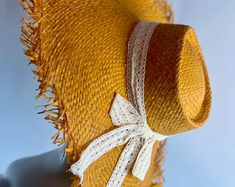Cappello di palma in rafia gialla – Cappello da sole estivo chic e alla moda