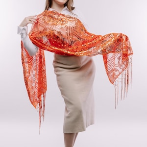 Orange Floral Sequin Shawl: Metallic Evening Wrap with Tassels