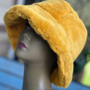 Yellow Faux Fur Bucket Hat: Plush Fuzzy Winter Hat