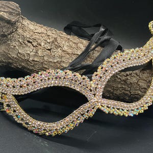 Gold Crystal Masquerade Mask – Sparkling Bling Eye Mask with Ribbon Tie