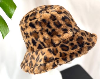 Leopard Print Faux Fur Bucket Hat: Plush Winter Hat - Etsy display picture 1