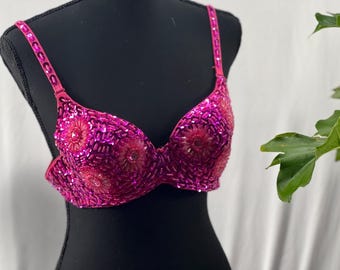 Handmade Pink Sequin Belly Dance Bra: Floral Bead Design