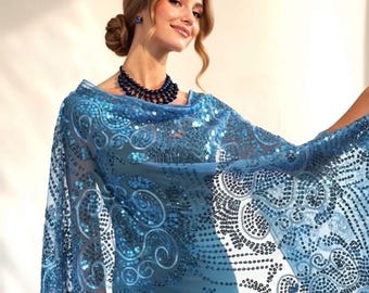 Blue Floral Sequin Embroidery Shawl: Metallic Evening Wrap