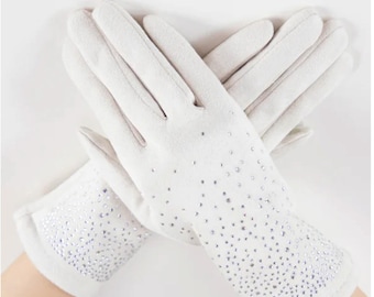 WHITE Quiet Luxe Rhinestone Faux Suede Gloves – Elegant, Soft, Touchscreen Winter Gloves