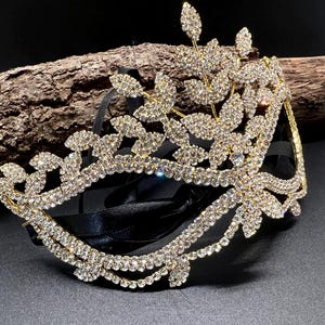 Gold Crystal Masquerade Mask – Sparkling Bling Eye Mask with Ribbon Tie