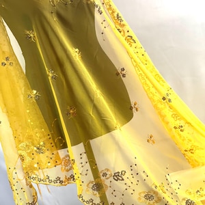 Golden Floral Embroidered Shawl – Sheer Yellow Wrap with Sequin Flowers