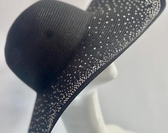 Sparkle Rhinestones Decor Black Floppy Hat – 20&quot; Wide Brim Sun Hat Glam Rhinestone Wide Brim Sun Hat – Beach & Derby Style