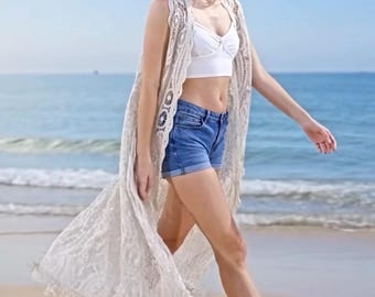 Boho Crochet Paisley Vest: Sleeveless Cotton Blend Fringe Cardigan
