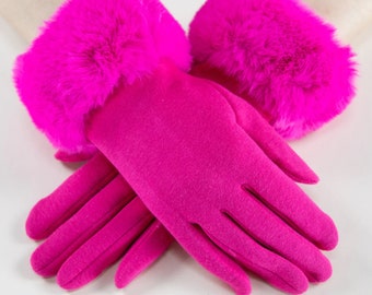 Fuchsia Pink Faux Fur Trim Gloves: Touch Screen Winter Gloves