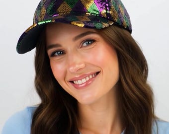 Mardi Gras Sequin Baseball Cap – Harlequin Pattern - Etsy display picture 3