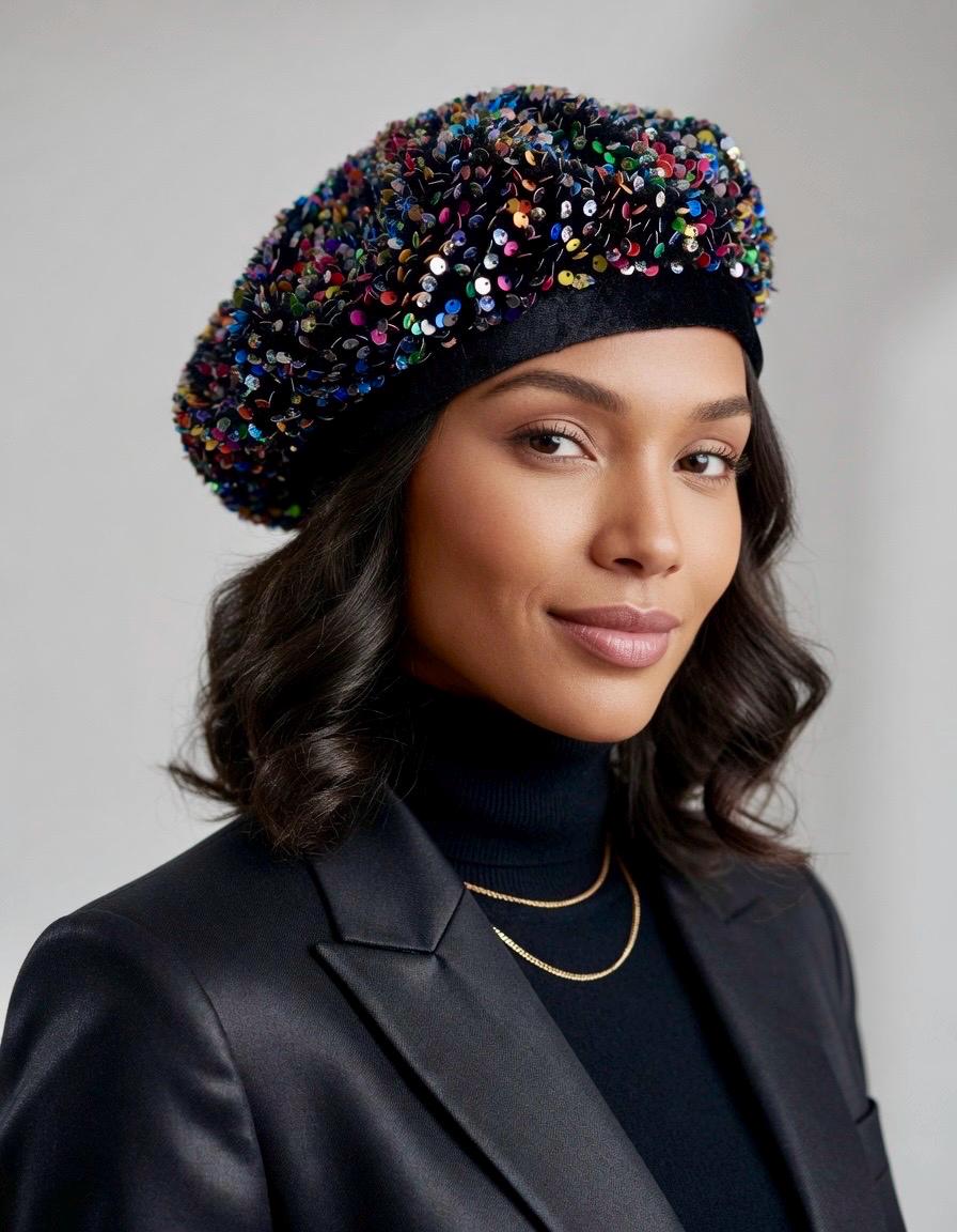 Elegant Black Wool Hat with Silver Sequined Beaded Floral Embellishments Elegant Black Wool Hat with Silver Rhinestone Beaded Floral  main image 4