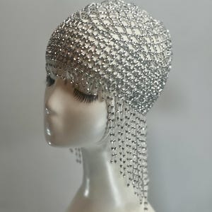 SILVER Beads Cap Handmade Beaded Cleopatra-Inspired Headpiece – Elegant Costume Accessory with Tassels