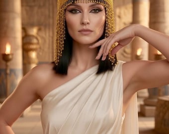 Peut inclure: Une coiffe en perles dorées composée d'une calotte en maille fine avec de longues franges pendantes. La coiffe est portée sur des cheveux foncés et associée à une robe drapée crème à une épaule, dotée d'une taille ajustée et d'un tissu lisse.