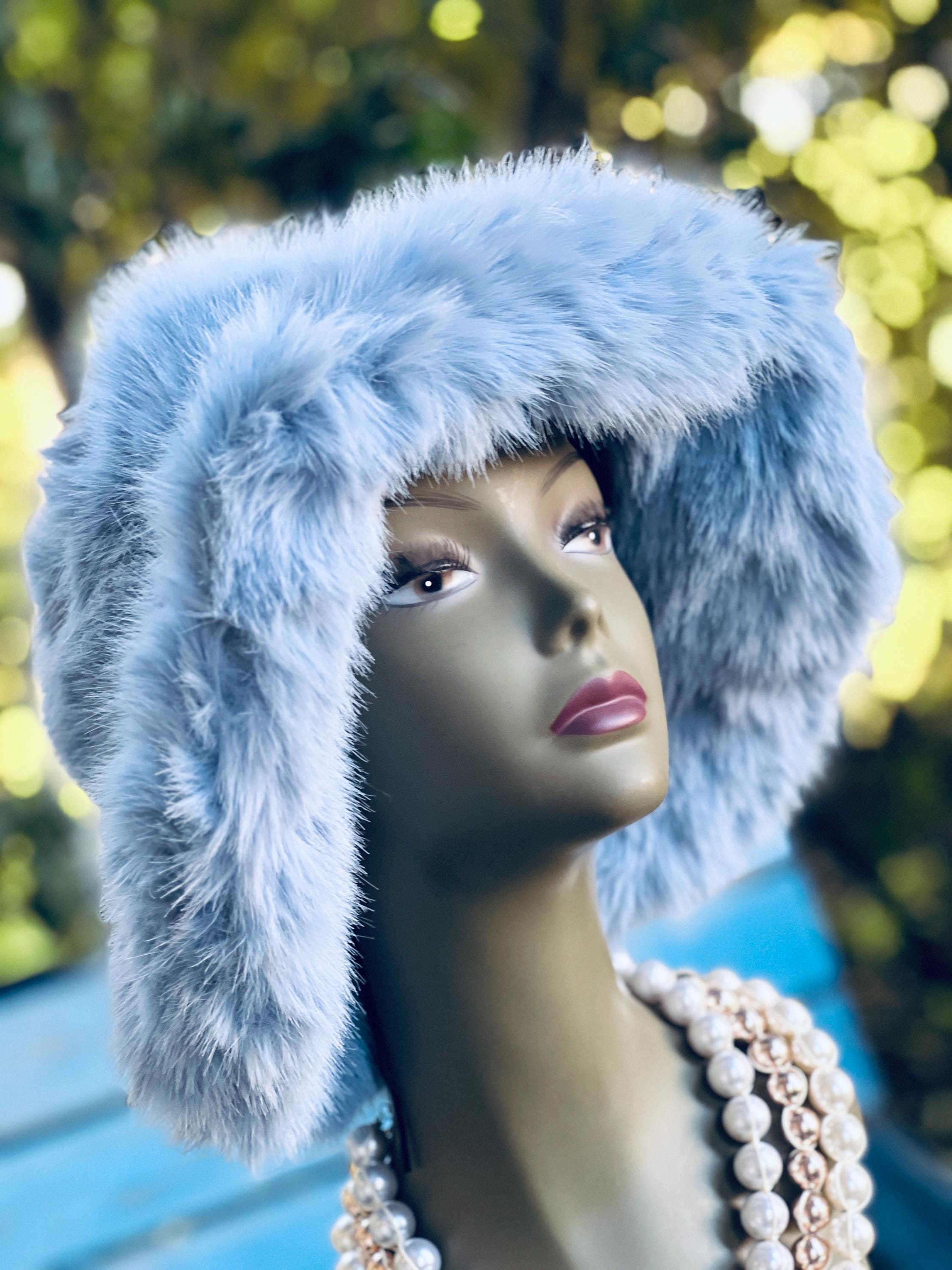 BLUE Faux Fur Bucket Hat: Fluffy Plush Winter Fisherman Hat 