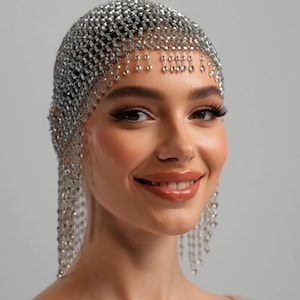 SILVER Beads Cap Handmade Beaded Cleopatra-Inspired Headpiece – Elegant Costume Accessory with Tassels image 3