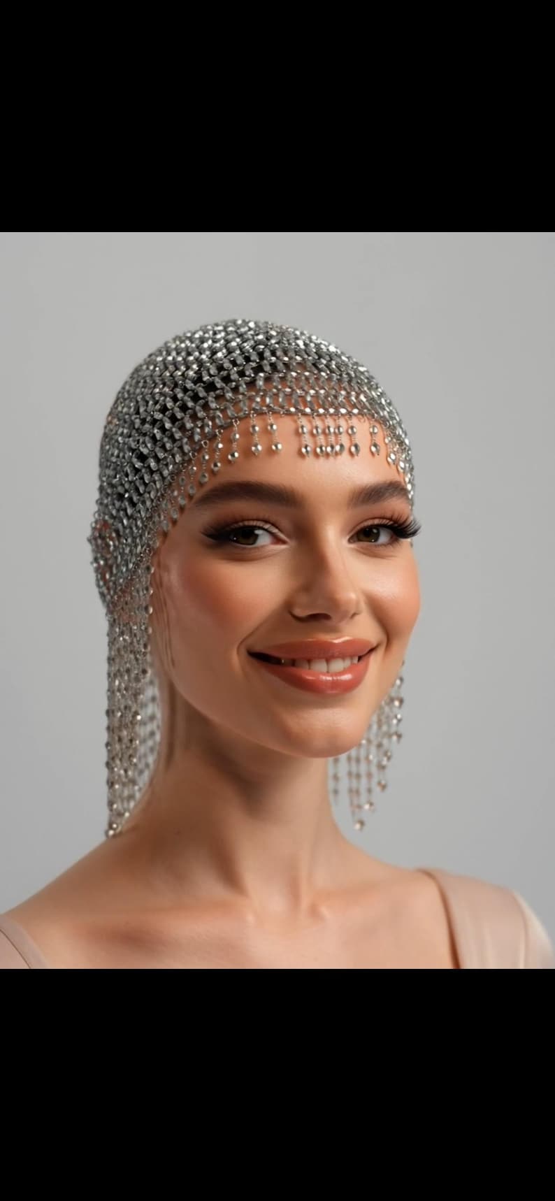 SILVER Beads Cap Handmade Beaded Cleopatra-Inspired Headpiece – Elegant Costume Accessory with Tassels image 3