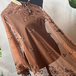 Brown Floral Embroidery Sequin Scarf: Elegant Metallic Evening Shawl