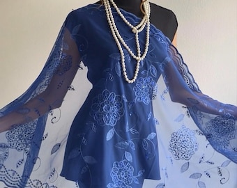 Royal Blue Embroidered Shawl – Sequin Floral Mesh Evening Wrap