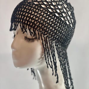 BLACK Beads Cap Handmade Beaded Cleopatra-Inspired Headpiece – Elegant Costume Accessory with Tassels