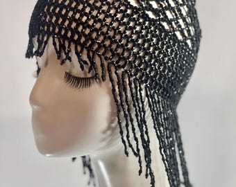 BLACK Beads Cap Handmade Beaded Cleopatra-Inspired Headpiece – Elegant Costume Accessory with Tassels