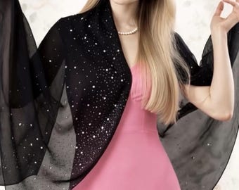 Schiere schwarze Leinen Schal Schal, Perle Rhinestones verschönert, Leichte Sparkle Wrap