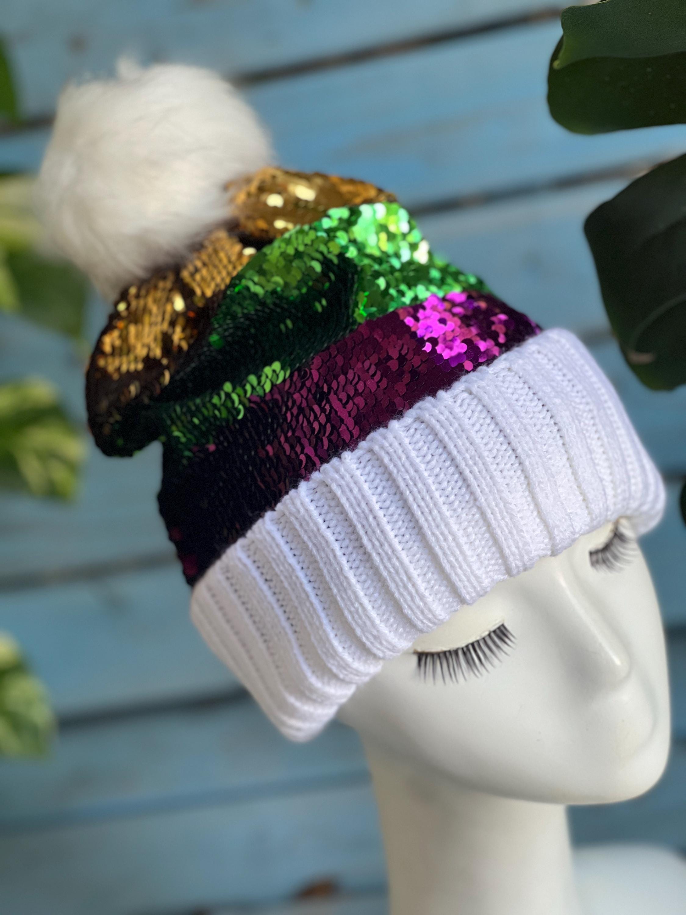 Mardi Gras Sequin Pom Pom Beanie Hat parade wear carnival Ombre Sequin Purple Mardi Gras Sequin Knit Beanie – Purple Pom Pom Winter Hat - Etsy main image 2