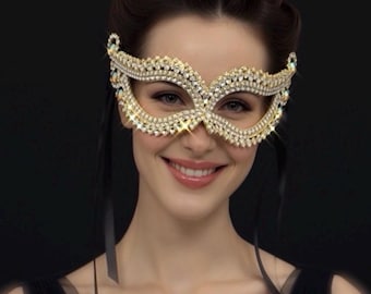 Gold Crystal Masquerade Mask – Sparkling Bling Eye Mask with Ribbon Tie