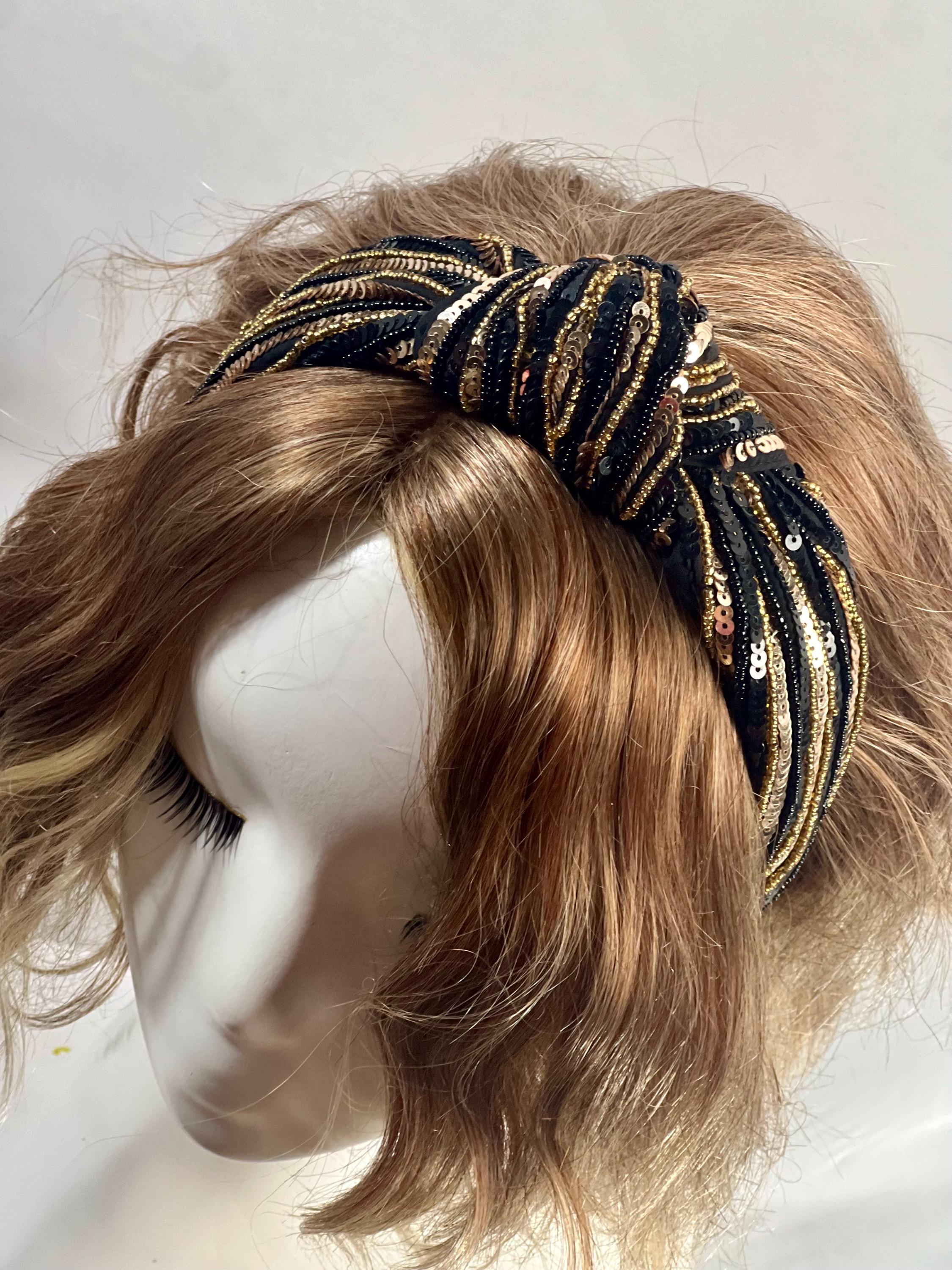 Elegant High-End Luxury Black and Multicolor Sequin Braided Headband Sequin Headband Knot - Iridescent Stripe Purple – Golden Lily main image 3