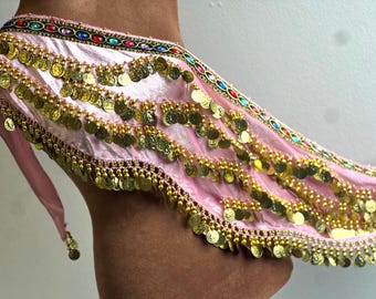 Rose Pink Velvet Belly Dance Hip Scarf with Gold Coins