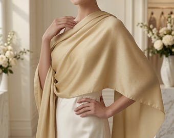 Champagne Gold Silky Satin Shawl Wrap – Elegant Evening Scarf