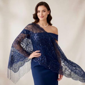 Navy Blue Sequin Embroidery Shawl: Metallic Evening Wrap with Tassels