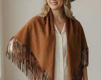 Large Faux Suede Triangle Scarf – Western Fringe Shawl Wrap, Boho Cowgirl Fashion