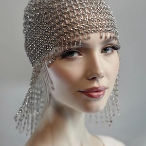 SILVER Beads Cap Handmade Beaded Cleopatra-Inspired Headpiece – Elegant Costume Accessory with Tassels image 14