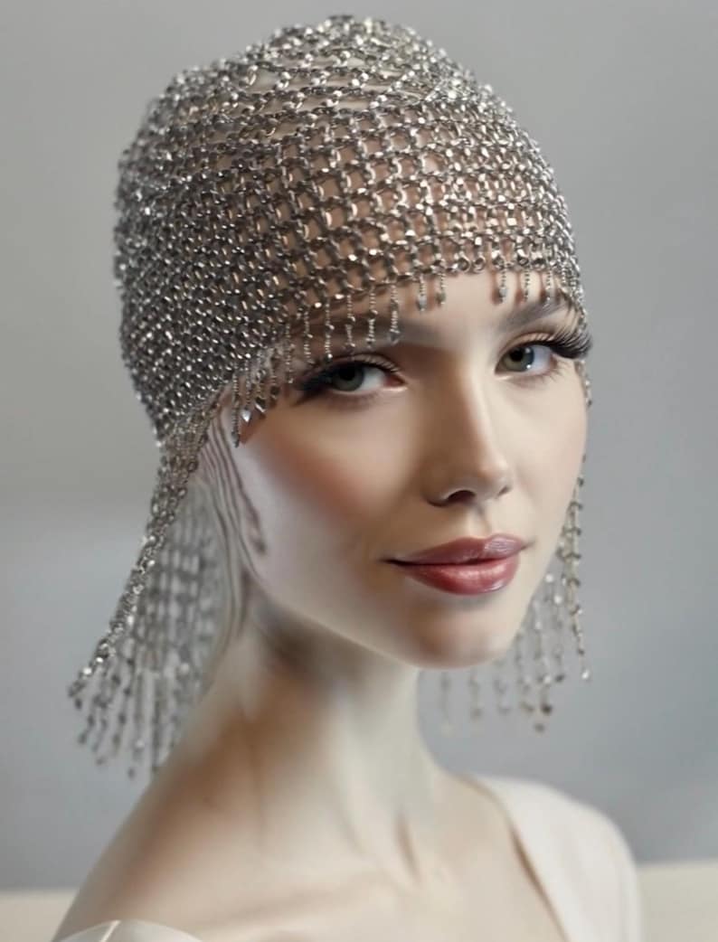 SILVER Beads Cap Handmade Beaded Cleopatra-Inspired Headpiece – Elegant Costume Accessory with Tassels image 14
