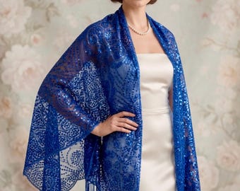 Royal Blue Sequin Floral Embroidery Shawl: Metallic Evening Wrap