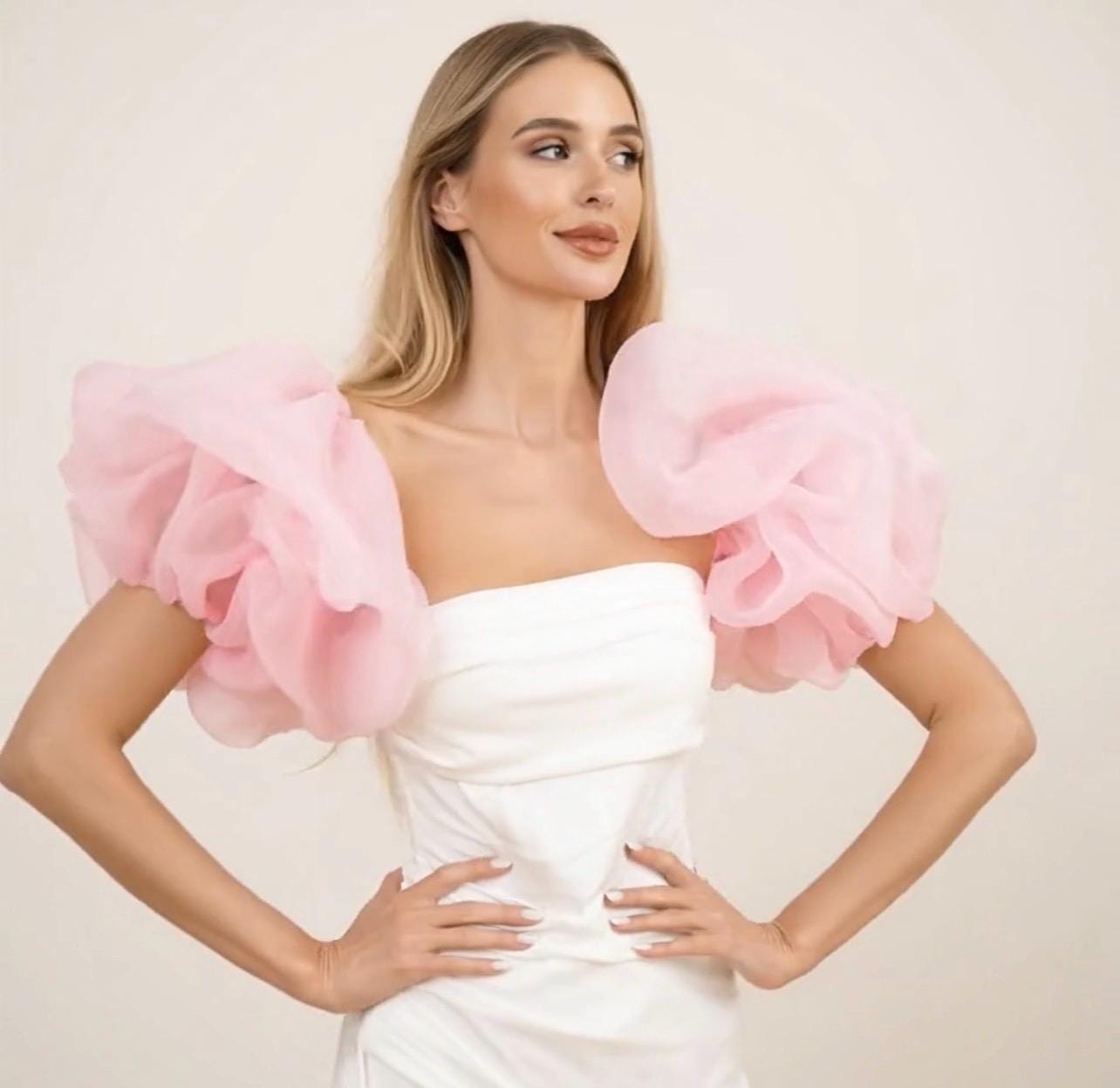 open lace back dress Floral Organza Dress with Removable Puff Sleeves EU32 main image 1