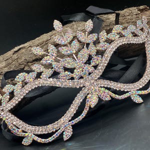 AB Crystal Silver Masquerade Mask – Iridescent Rhinestone Bling Eye Mask for Women with Satin Ribbon – Elegant Party, Costume Ball