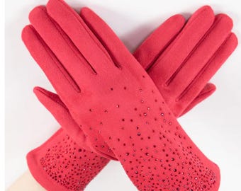 Brown Quiet Luxe Rhinestone Faux Suede Gloves – Elegant, Soft, Touchscreen Winter Gloves